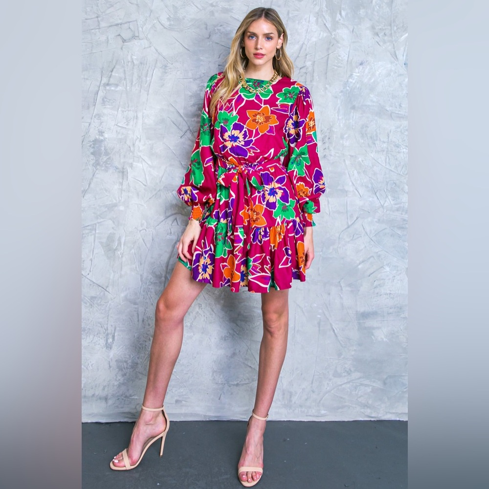 Vibrant Floral Tie-Waist Mini Dress - Pink & Green